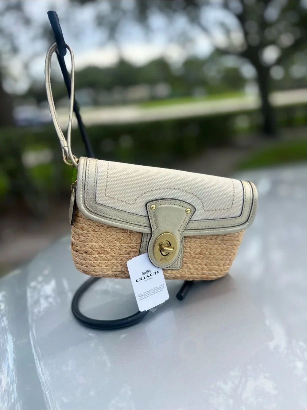 Coach Straw Crossbody with Cream Leather Trim and Gold Hardware